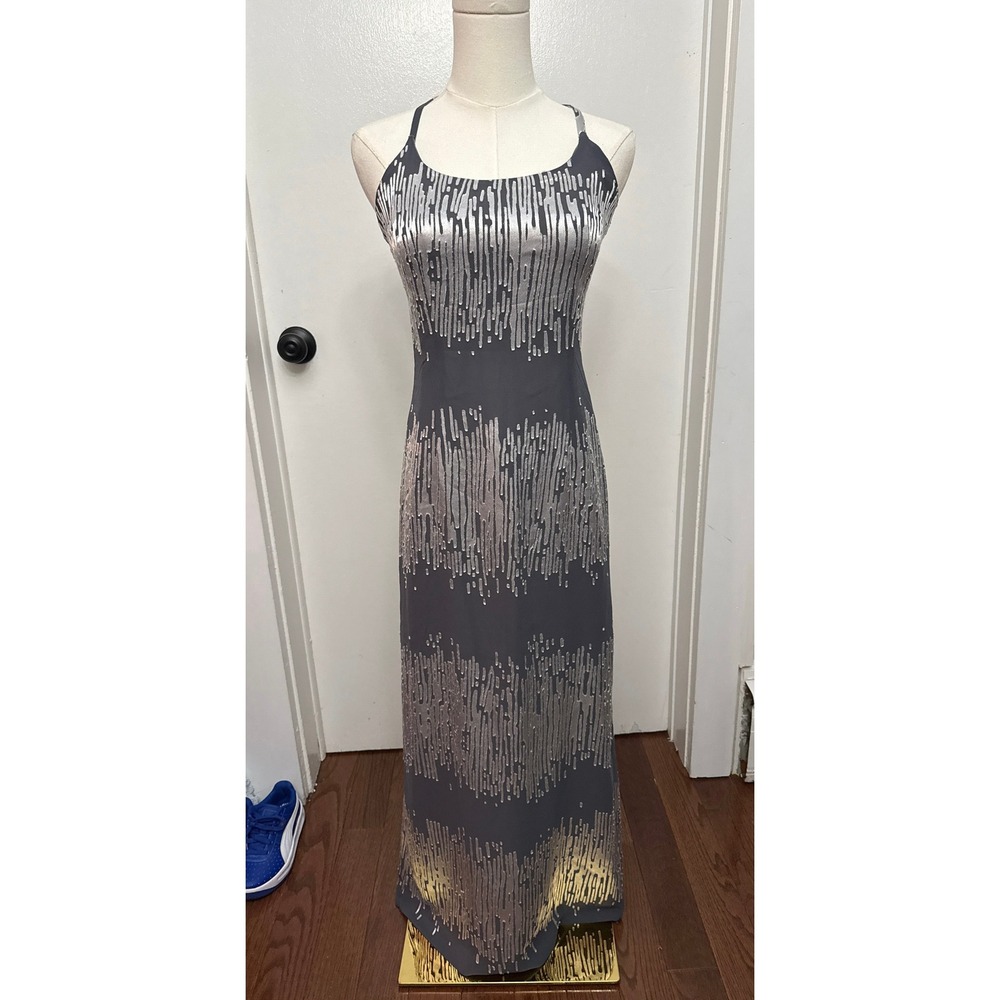 VTG Avance Italy Metallic Silver Cyber Pattern Cross Back Slip Maxi Dress 42 S